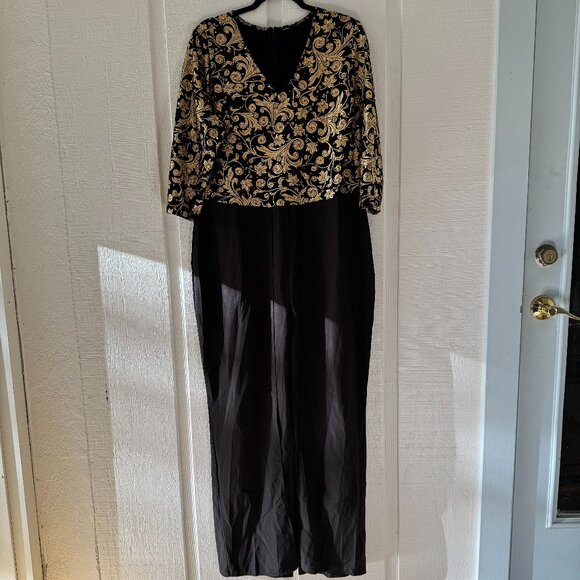 NWOT Jumpsuit 2XL Formal 3/4 Sleeve Black & Gold Leaf Design Evening Event - Picture 3 of 5